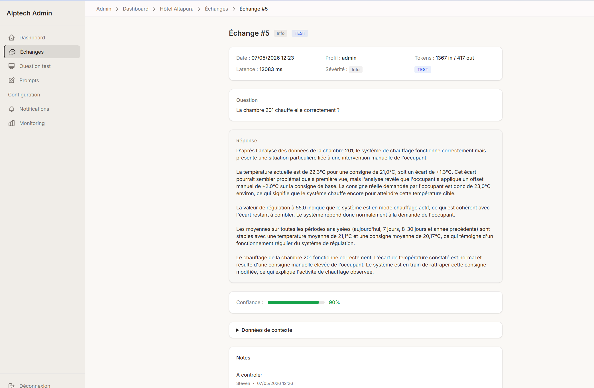 Agent IA GTB, diagnostic d'une chambre d'hôtel avec indice de confiance